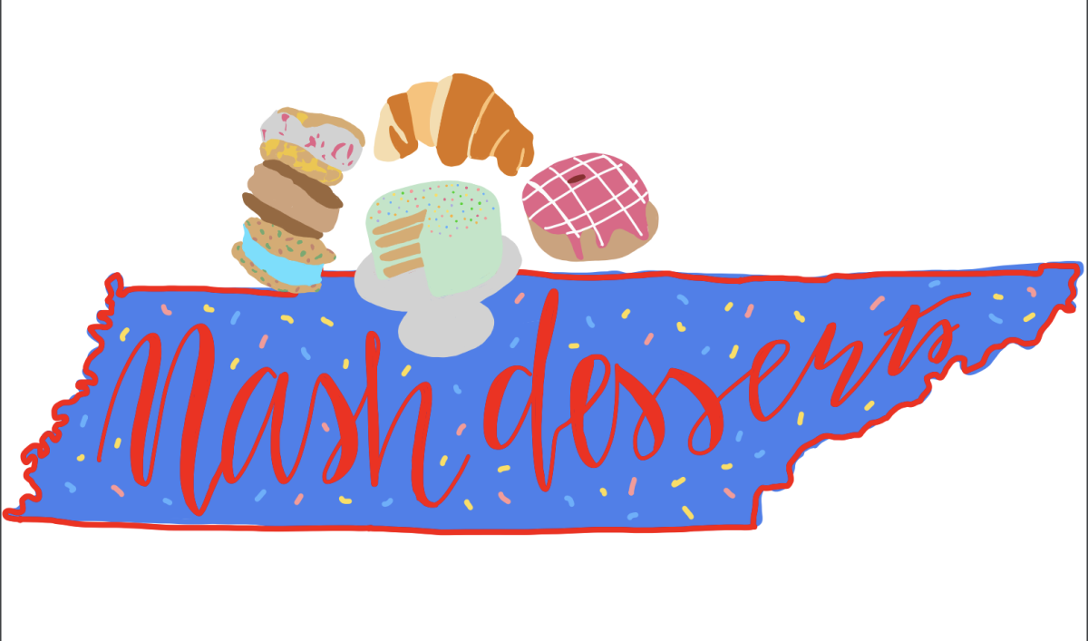 Graphic depicting various desserts overlaid on a map outline of Nashville, Tenn.(Hustler Staff/Sarah Parish)